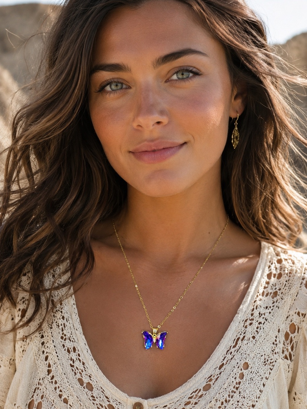 🦋 Gold Tone Blue Purple Crystal Butterfly Pendant Necklace Boho Chic